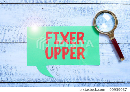 Text showing inspiration Fixer Upper. Concept meaning house in need of repairs used chiefly connection with purchase Businessman in suit holding tablet symbolizing successful teamwork. 90939087