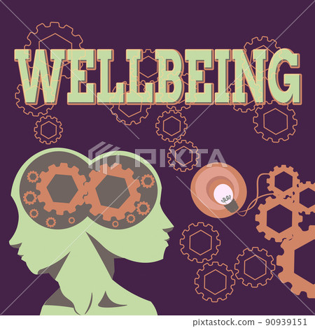 Hand writing sign Wellbeing. Concept meaning A good or satisfactory condition of existence including health Two Heads With Cogs Showing Technology Ideas. 90939151
