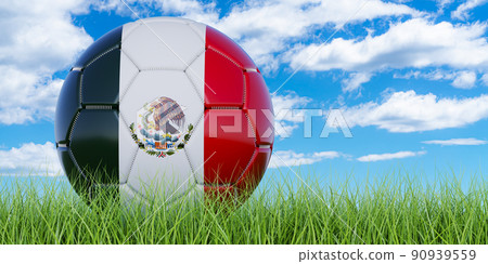 Soccer ball with Mexican flag on the green grass against blue sky, 3D rendering Soccer ball with Mexican flag on the green grass against blue sky, 3D rendering 90939559