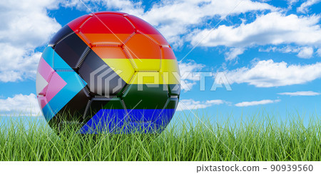Soccer ball with modern LGBTQ flag on the green grass against blue sky, 3D rendering Soccer ball with modern LGBTQ flag on the green grass against blue sky, 3D rendering 90939560