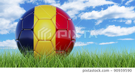 Soccer ball with Romanian flag on the green grass against blue sky, 3D rendering Soccer ball with Romanian flag on the green grass against blue sky, 3D rendering 90939590