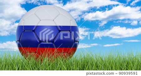 Soccer ball with Russian flag on the green grass against blue sky, 3D rendering Soccer ball with Russian flag on the green grass against blue sky, 3D rendering 90939591