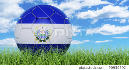 Soccer ball with Salvadoran flag on the green grass against blue sky, 3D rendering 90939592