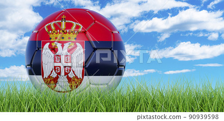 Soccer ball with Serbian flag on the green grass against blue sky, 3D rendering Soccer ball with Serbian flag on the green grass against blue sky, 3D rendering 90939598
