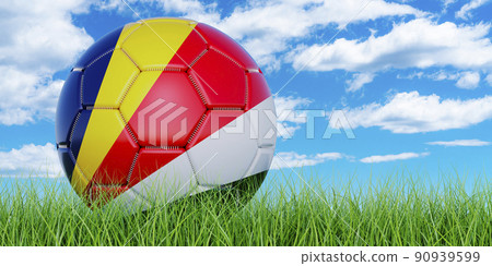 Soccer ball with Seychelloise flag on the green grass against blue sky, 3D rendering Soccer ball with Seychelloise flag on the green grass against blue sky, 3D rendering 90939599