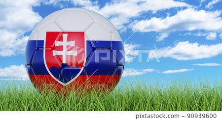 Soccer ball with Slovak flag on the green grass against blue sky, 3D rendering Soccer ball with Slovak flag on the green grass against blue sky, 3D rendering 90939600