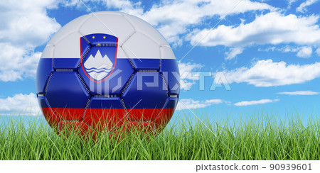 Soccer ball with Slovenian flag on the green grass against blue sky, 3D rendering Soccer ball with Slovenian flag on the green grass against blue sky, 3D rendering 90939601