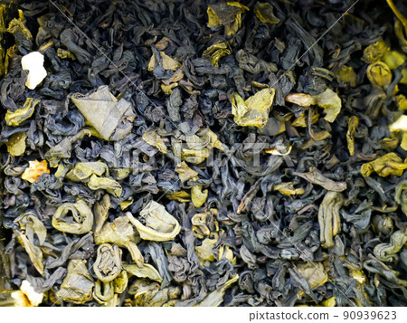 Handmade tea background texture, flat lay, overhead top view from above, closeup 90939623