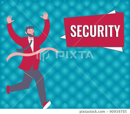 Handwriting text Security. Business approach The state of feeling safe stable and free from fear or danger Gentleman In Suit Running Towards Finish Line Celebrating Success 90939785