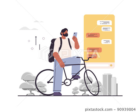 man cyclist chatting on digital screen guy using chat app on smartphone social media network online communication man cyclist chatting on digital screen guy using chat app on smartphone social media network online communication 90939804