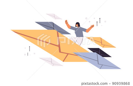 businesswoman flying on envelope woman sending or receiving letters email inbox message notification 90939868