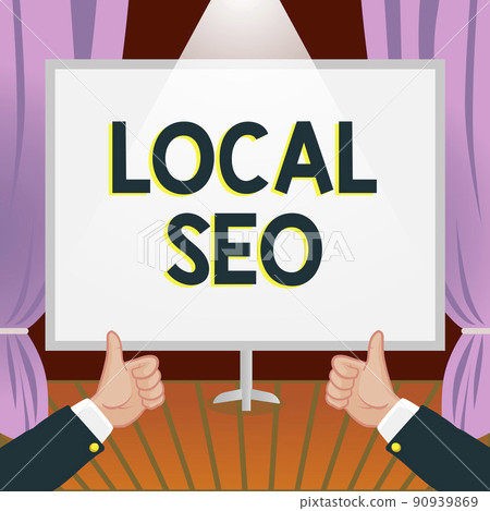 Handwriting text Local Seo. Business idea This is an effective way of marketing your business online Hands Thumbs Up Showing New Ideas. Palms Carrying Note Presenting Plans 90939869