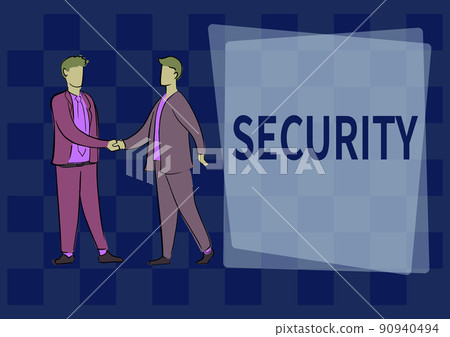 Conceptual caption Security. Business idea The state of feeling safe stable and free from fear or danger Two colleagues shaking hands congratulating successful teamwork. 90940494