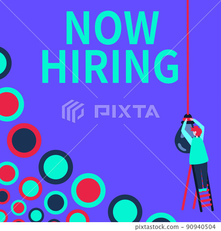 Text sign showing Now Hiring. Business overview announcing that certain company seeking for new talents Businessman Standing Ladder Fixing Light Bulb Generating New Futuristic Ideas. Text sign showing Now Hiring. Business overview announcing that certain company seeking for new talents Businessman Standing Ladder Fixing Light Bulb Generating New Futuristic Ideas. 90940504