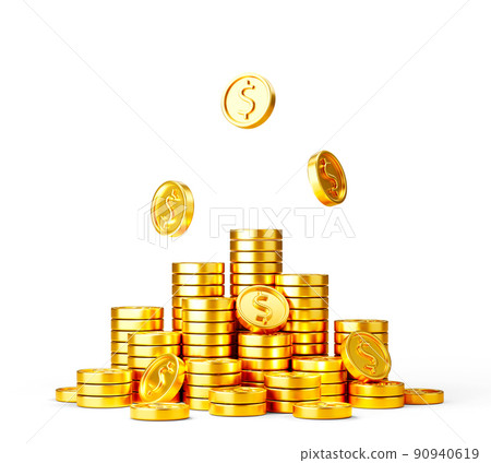 Pile of golden dollar coins and falling gold dollar coins on white background Pile of golden dollar coins and falling gold dollar coins on white background 90940619
