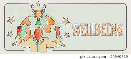 Writing displaying text Wellbeing. Word Written on A good or satisfactory condition of existence including health Businessman celebrating successful project goal achievement. Writing displaying text Wellbeing. Word Written on A good or satisfactory condition of existence including health Businessman celebrating successful project goal achievement. 90940889