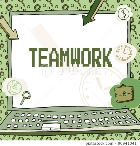 Text sign showing Teamwork. Business showcase Group of showing who work together as one and with the same aim Poster decorated with monetary symbols displaying punctuality of employees. Text sign showing Teamwork. Business showcase Group of showing who work together as one and with the same aim Poster decorated with monetary symbols displaying punctuality of employees. 90941041