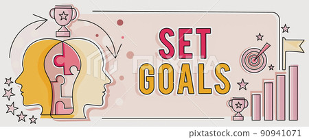 Text sign showing Set Goals. Business approach Defining or achieving something in the future based on plan Two Heads Connected Puzzle Showing Solving Problems And Sharing Success 90941071