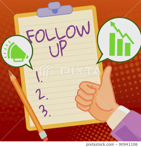 Text showing inspiration Follow Up. Conceptual photo Additional info or any activity that needs to check secondly Hands Thumbs Up Showing New Ideas. Palms Carrying Note Presenting Plans Text showing inspiration Follow Up. Conceptual photo Additional info or any activity that needs to check secondly Hands Thumbs Up Showing New Ideas. Palms Carrying Note Presenting Plans 90941106