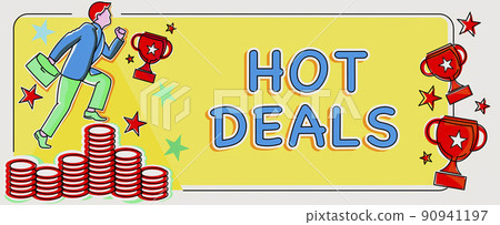 Inspiration showing sign Hot Deals. Internet Concept An agreement through which one of the paties is offered and accept Man climbing upwards money representing project success achieving goals. Inspiration showing sign Hot Deals. Internet Concept An agreement through which one of the paties is offered and accept Man climbing upwards money representing project success achieving goals. 90941197