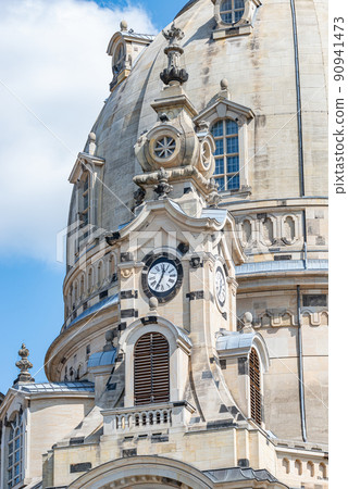 Church of Our Lady at Neumarkt square in downtown of Dresden in summer sunny day with blue sky, Germany, details, closeup. 90941473