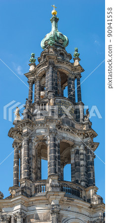 Catholic Cathedral of Holy Trinity, Hofkirche in downtown of Dresden in summer sunny day with blue sky, Germany, details, closeup. 90941558