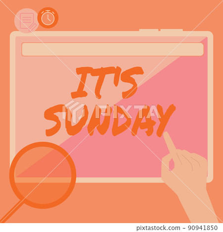 Conceptual caption It S Sunday. Concept meaning Day of rest and religious worship Part of the weekend Hand Using Big Tablet Searching Plans For New Amazing Ideas 90941850