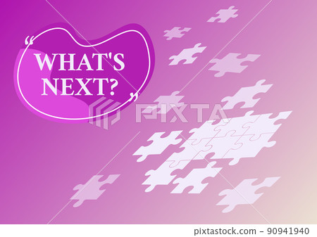 Writing displaying text What S Next. Conceptual photo Asking whatever comes immediately after the present one Jigsaw puzzle pieces merging together symbolizing realization of new ideas. 90941940