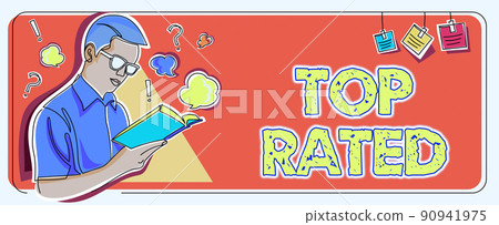 Conceptual caption Top Rated. Concept meaning The high amount of a charge or payment based on calculation Man studying book learning new business strategies to achieve goals. 90941975