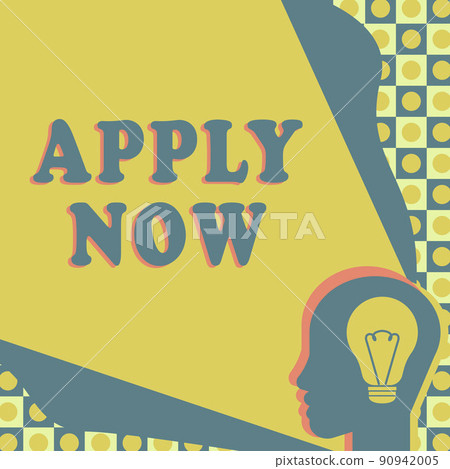 Text sign showing Apply Now. Word Written on An act of a person to acquire the job related to the profession Head With Illuminated Light Bulb With Showing Technology Ideas. Text sign showing Apply Now. Word Written on An act of a person to acquire the job related to the profession Head With Illuminated Light Bulb With Showing Technology Ideas. 90942005
