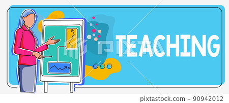 Text sign showing Teaching. Business showcase Act of giving information, explaining one subject to a person Lady standing front backdrop holding presentation achieving project goals. Text sign showing Teaching. Business showcase Act of giving information, explaining one subject to a person Lady standing front backdrop holding presentation achieving project goals. 90942012