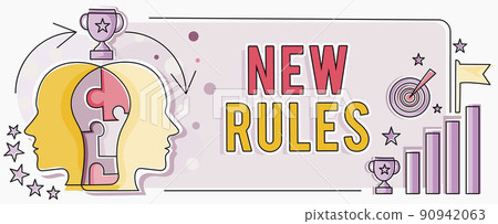 Writing displaying text New Rules. Business showcase A state of changing an iplemented policy for better upgrade Two Heads Connected Puzzle Showing Solving Problems And Sharing Success 90942063