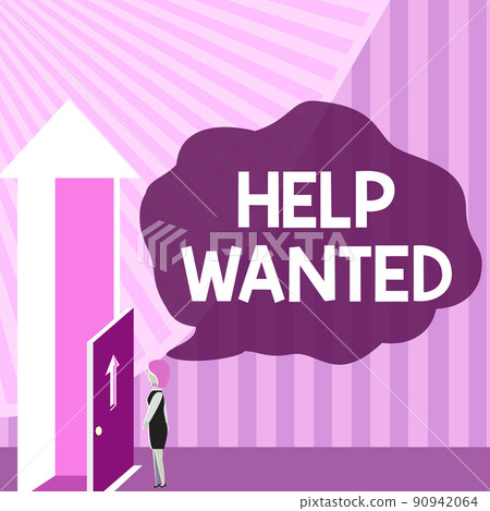 Text showing inspiration Help Wanted. Business concept advertisement placed in newspaper by employers seek employees Lady Standing Front Of Door Opening New Opportunities For Success. 90942064