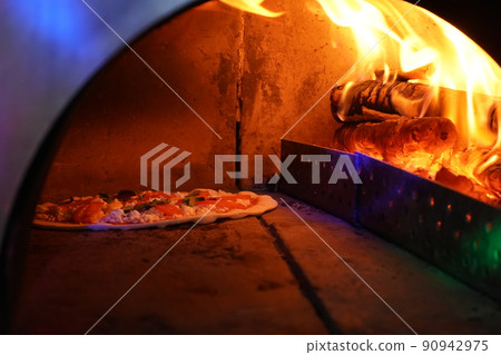 Vintage old Oven with fire inside for baking Original Pizza. Vintage old Oven with fire inside for baking Original Pizza. 90942975