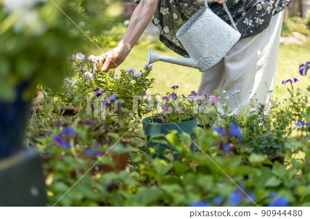 Senior woman watering plants with a white watering can in the garden of the house 90944480