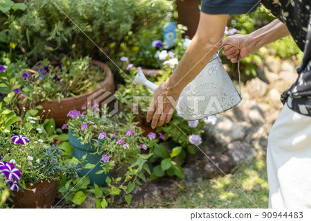 Senior woman watering plants with a white watering can in the garden of the house Senior woman watering plants with a white watering can in the garden of the house 90944483