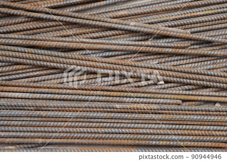 close up rusting steel bar, iron wire in the horizontal line for industrial background. 90944946