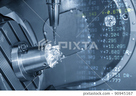 Abstract scene 5-axis machining center cutting the turbine  parts  parts with G-code data background . 90945167