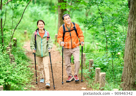 Rear view of a senior couple walking in the mountains 90946342
