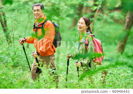 Senior couple walking in the mountains 90946481