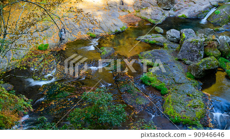 菊池峽谷“秋葉景觀”從街上看到的山谷中的水流、岩石和遊客 90946646