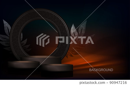 Composition with a round frame and a stage on a dark brown background Composition with a round frame and a stage on a dark brown background 90947216