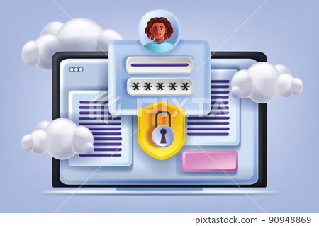 3D account security concept, vector online data privacy protection, password window, user avatar. 3D account security concept, vector online data privacy protection, password window, user avatar. 90948869