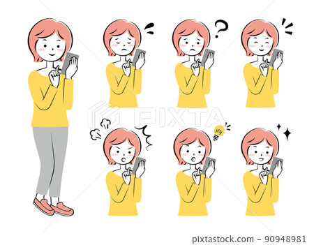 Women with various facial expressions operating smartphones Full body upper body variation 3c 90948981