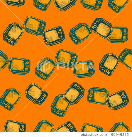 Retro TV engraved seamless pattern. Vintage television background in hand drawn style. 90949255