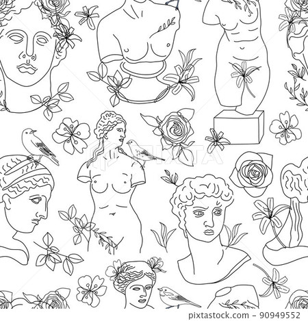 Seamless pattern of line ancient statue with flowers isolated on white background. Collage of contemporary art. Fashion design. Seamless pattern of line ancient statue with flowers isolated on white background. Collage of contemporary art. Fashion design. 90949552