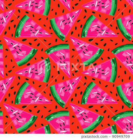 Creative watermelons seamless pattern. Hand drawn watermelon slices endless wallpaper. Cute fruit backdrop. Creative watermelons seamless pattern. Hand drawn watermelon slices endless wallpaper. Cute fruit backdrop. 90949709