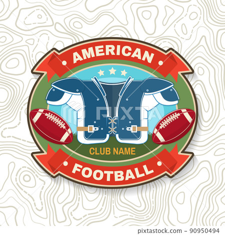 American football or rugby club embroidery patch. Vector. Concept for shirt, logo, print, stamp, tee, patch. Vintage typography design with american football ball, grass and shoulder pads silhouette 90950494