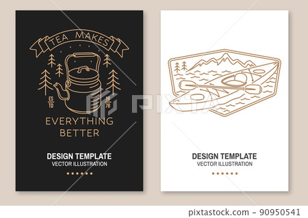 Tea makes everything better. Camping quote. Vector. Set of Line art flyer, brochure, banner, poster with kayak, camping tea kettle and forest. 90950541