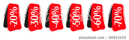 Red sale tag set. Minus 20, 30, 40, 50, 60, 70 percent off price discount. Red sale tag template collection isolated vector illustration Red sale tag set. Minus 20, 30, 40, 50, 60, 70 percent off price discount. Red sale tag template collection isolated vector illustration 90951030
